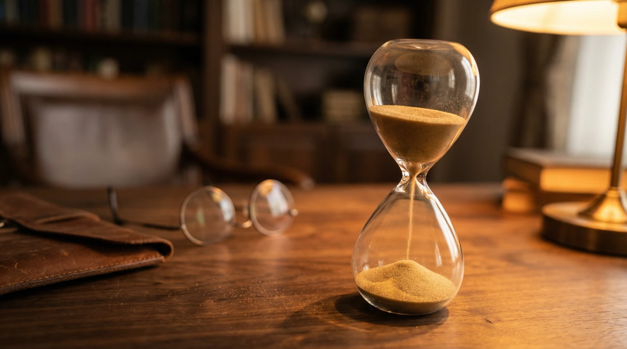 어두운 나무 책상 위에 모래가 흘러내리는 기울어진 모래시계와 안경, 가죽 폴더
